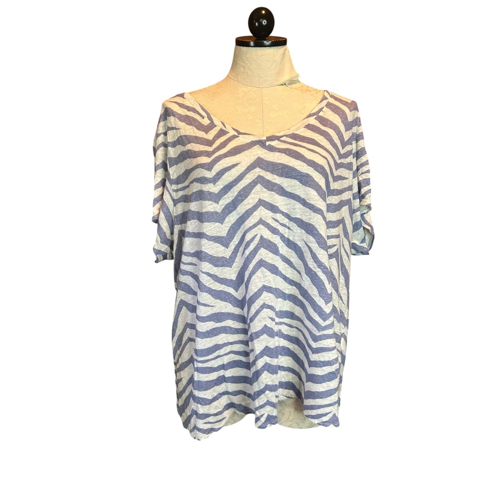 Tahari 100% Linen Zebra Print V-Neck Top Blue White Short Sleeve Plus‎ Size 3X